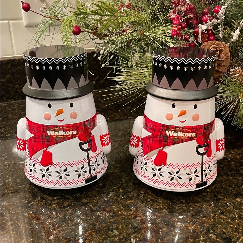 Set of 2 Empty Walkers Snowman Tins 7.75”